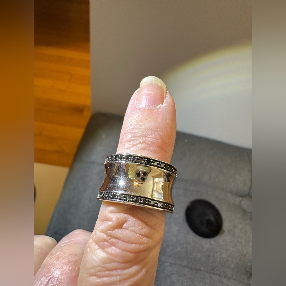 Elegant Silver Band Ring with Black Diamond Accents size 7 1/4"